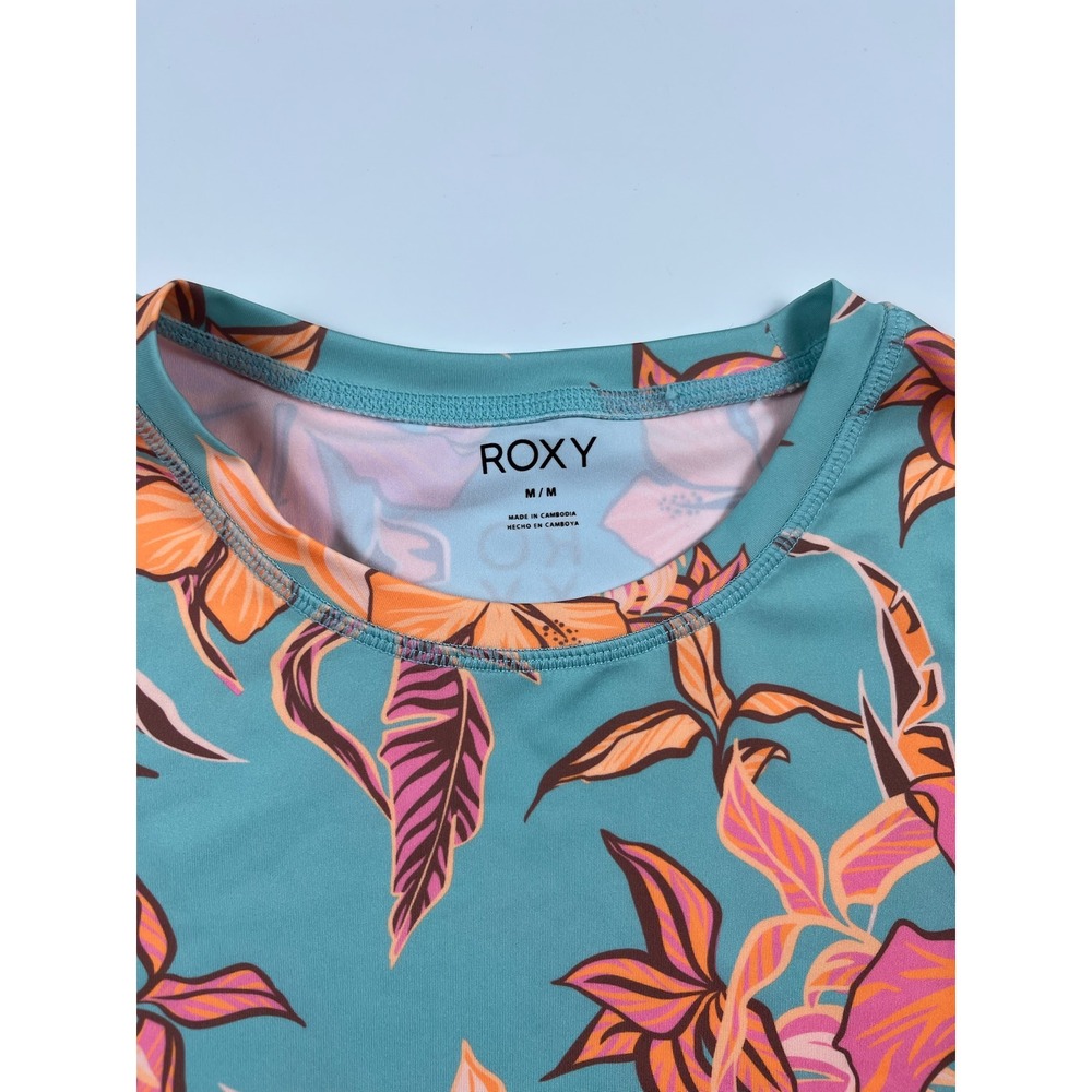 Roxy Womens Long Sleeve Rash Guard Teal Orange Pink Hibiscus Floral Swim Top M - Picture 6 of 12